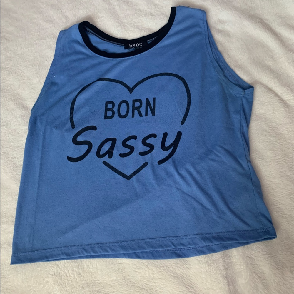 Worn, blue tank top tee: BORN SASSY